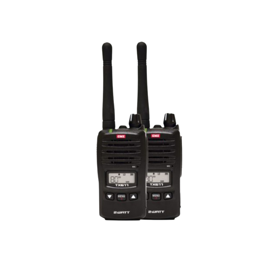 GME Quad Pack 2 Watt UHF CB Handheld Radios inc cig charger, 240V charger, belt clips 